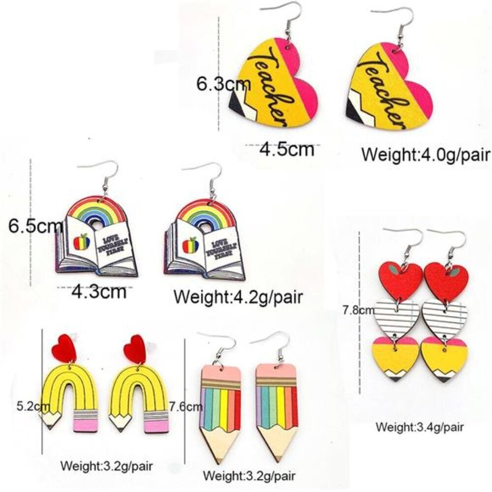 5 Pairs Colorful Back to School Teacher Earrings for Women Fun Earrings Playful - Picture 6 of 6